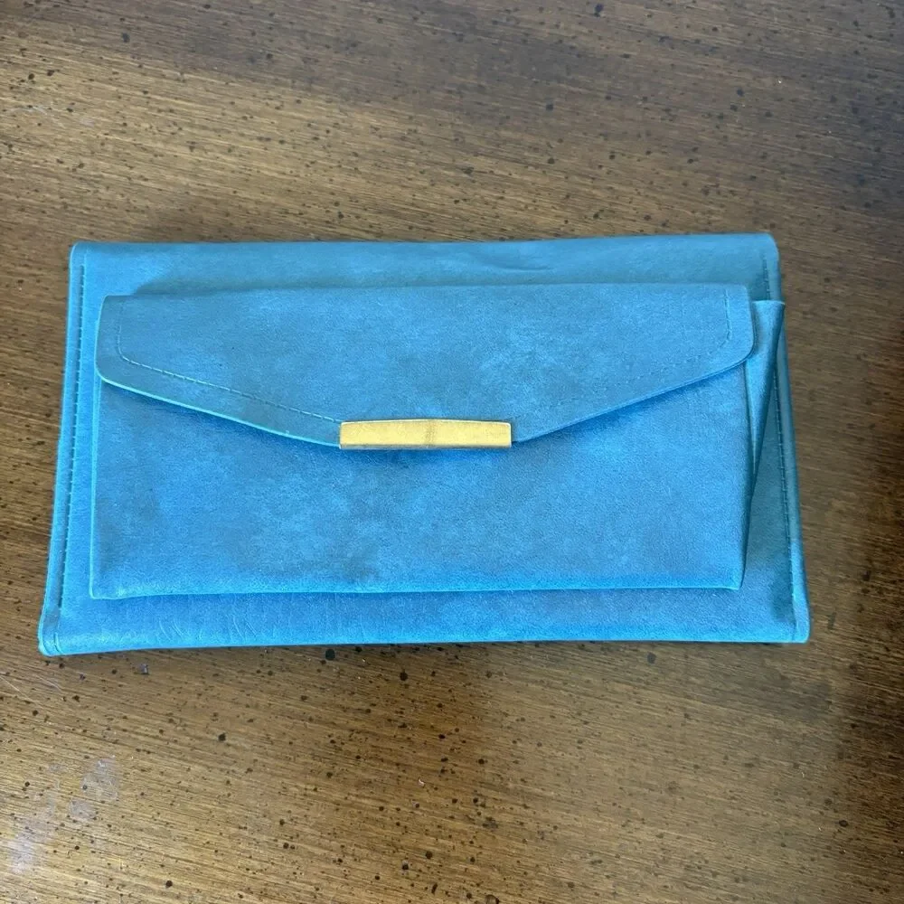 Vintage Wallet Womens Teal Blue Checkbook Cover Coin Purse Snap Closure
